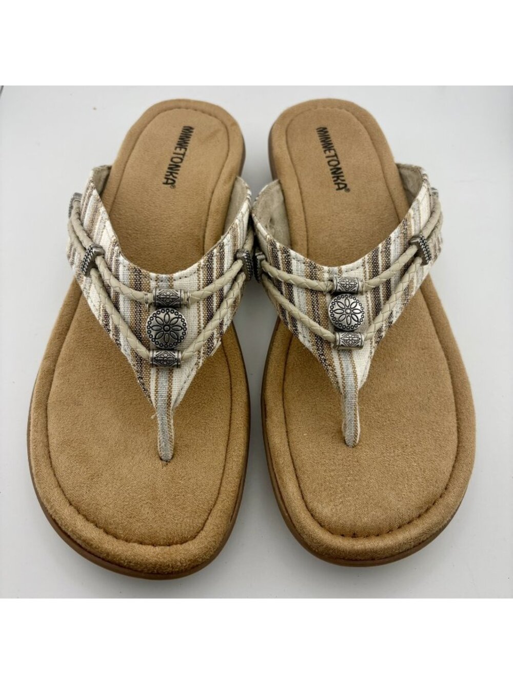 New Minnetonka Women’s 10 Silverthorne Tan Wedge Sandals Plaid Fabric